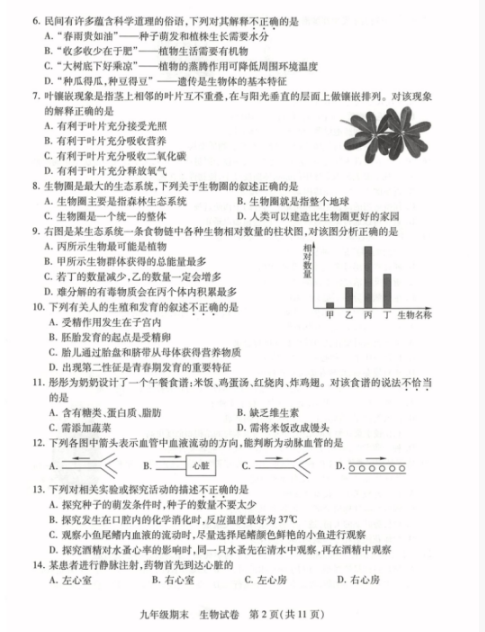 2018-2019上学期北京西城区初三期末生物试卷及答案