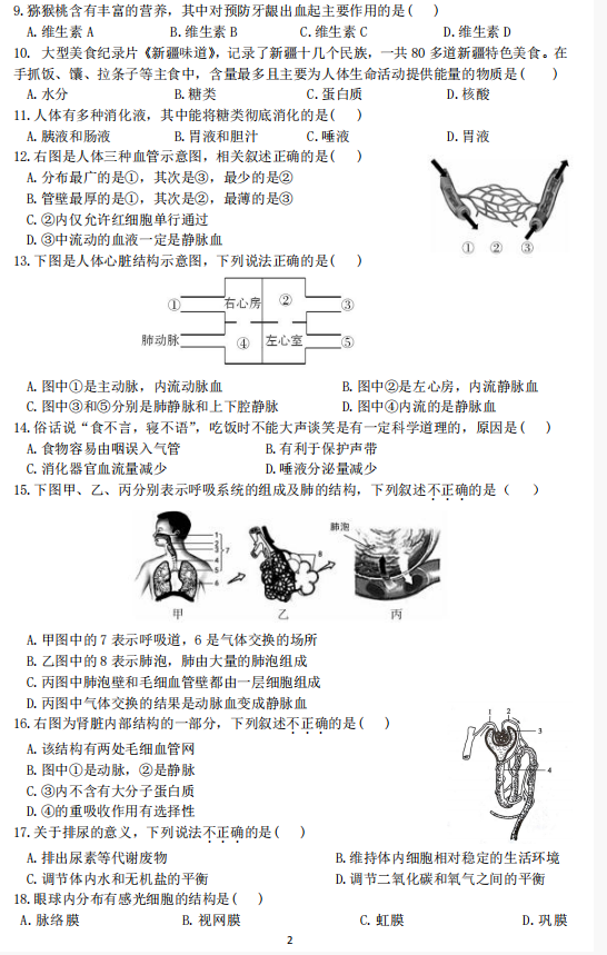 2018-2019上学期北京东城区初三期末生物试卷及答案