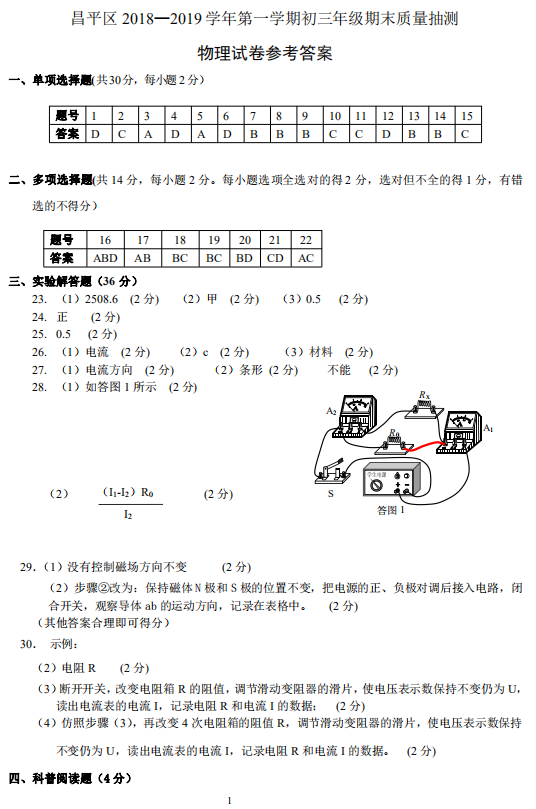 2018-2019上学期北京昌平区初三期末物理试卷及答案