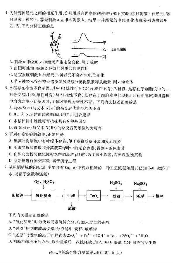 2019济宁一模理综试题及答案