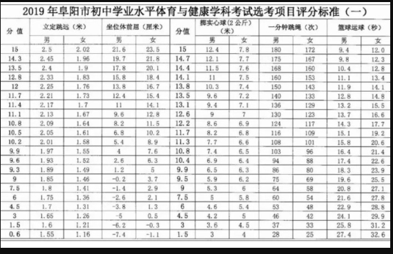2019安徽阜阳中考体育评分标准