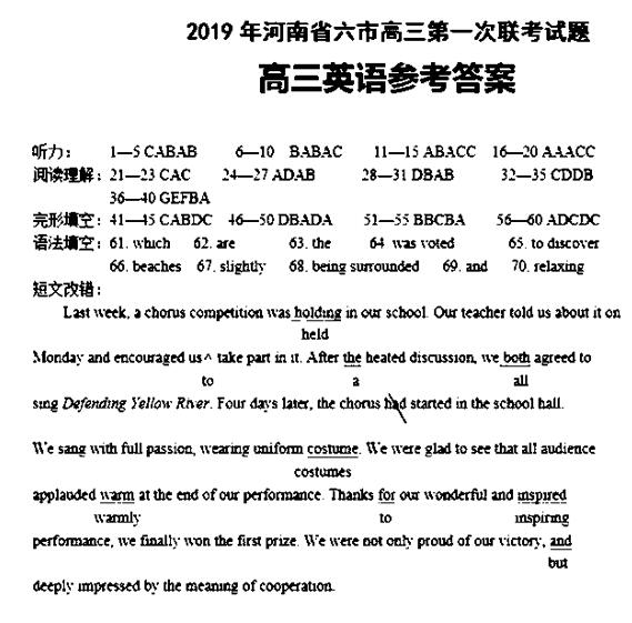 2019河南省六市高三第一次联考英语试题及答案
