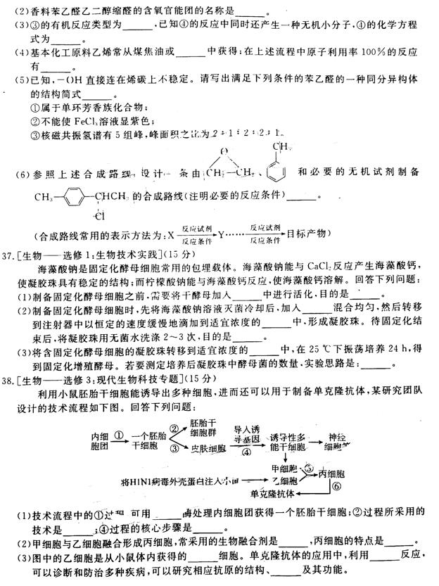 2019四川广安眉山内江遂宁四市二诊理综试题及答案