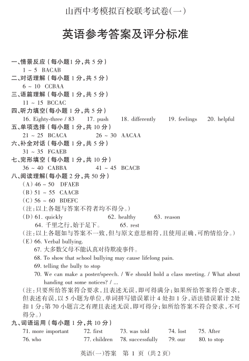 2019山西中考模拟百校联考英语试题及答案