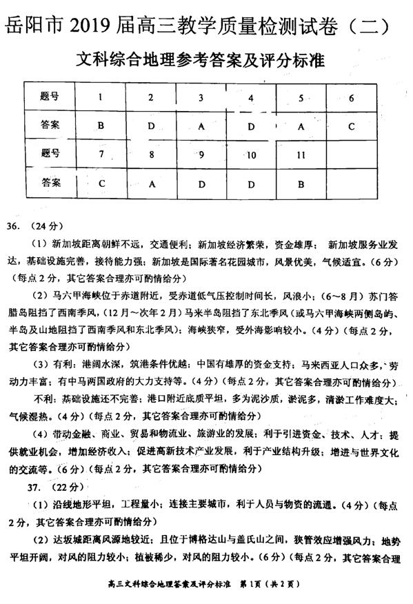 2019岳阳二模文综试题及答案