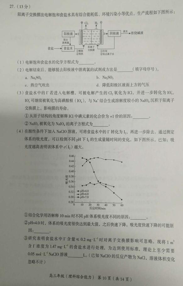 2019北京海淀区高三一模理综试题