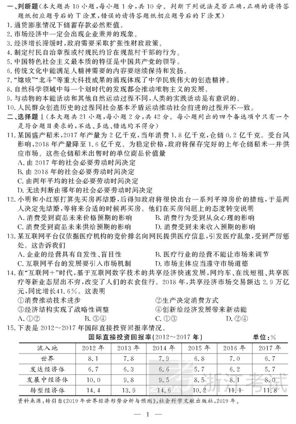 2019年4月浙江高考学考选考政治试题及答案