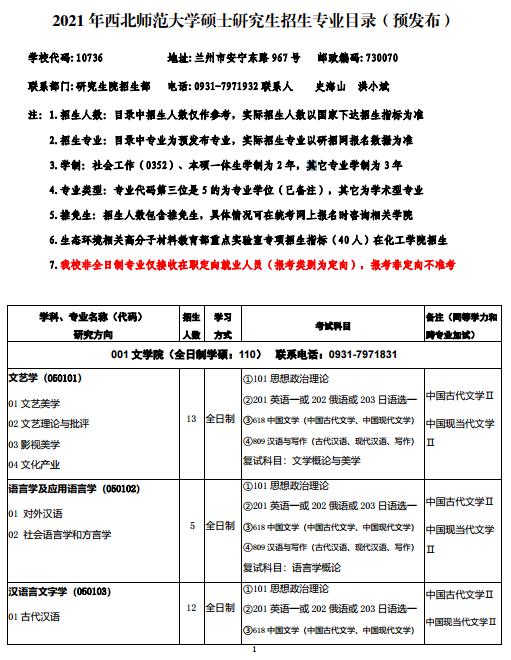 西北师范大学2021硕士研究生招生专业目录(预发布)