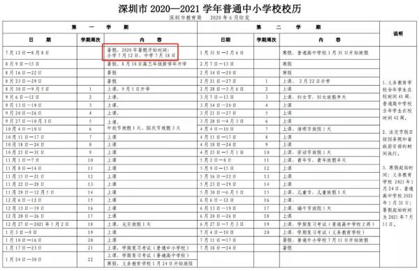 广东深圳2020-2021学年度中小学校历
