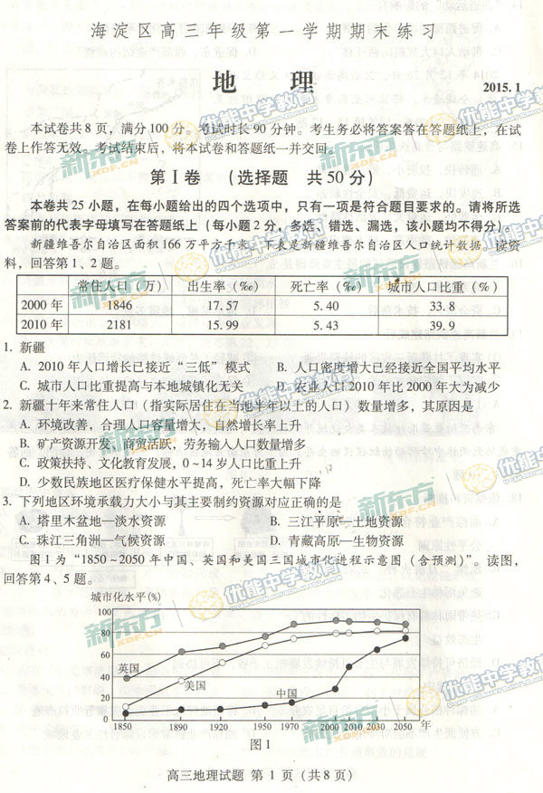 2015北京海淀区高三上学期期末考试地理试题