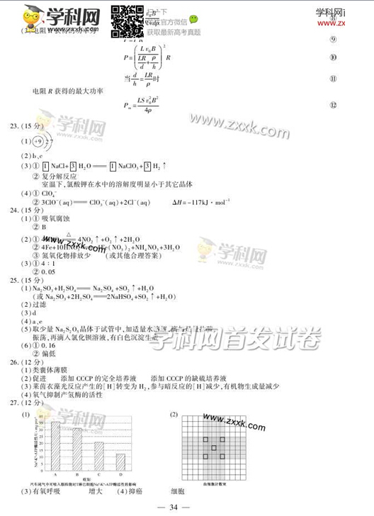 2014福建高考理科综合试题答案(图片版)