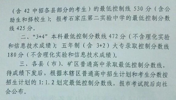 石家庄2014中考录取分数线现已公布