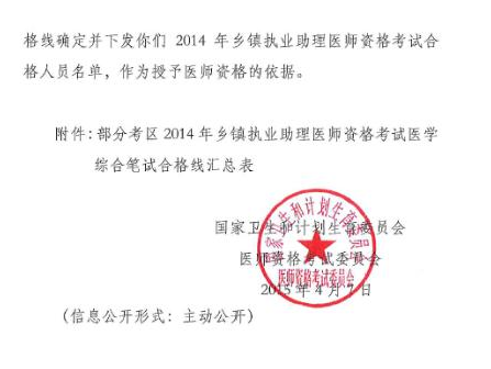 国家卫计委2014乡镇执业助理医师考试笔试合格线批复通知