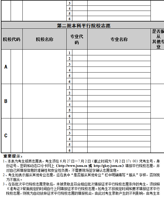 江蘇2015高考志願填報表第一階段用表