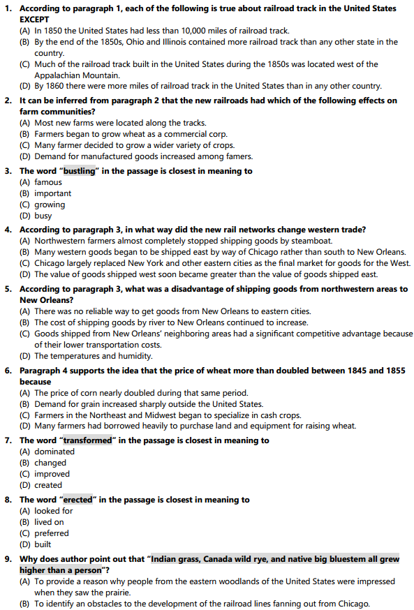 托福阅读真题练习：Railroads and Commercial Agriculture