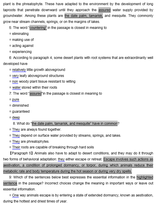 TPO26托福阅读真题练习：Survival of Plants and Animals in Desert Conditi
