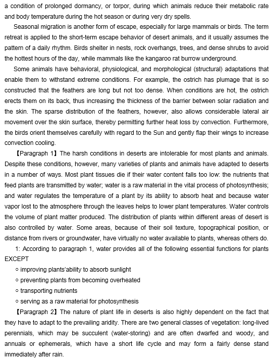 TPO26托福阅读真题练习：Survival of Plants and Animals in Desert Conditi