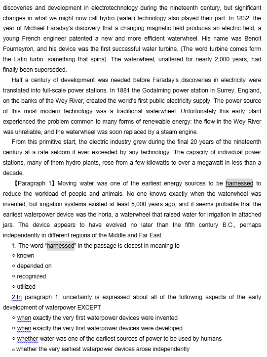 TPO29托福阅读真题练习：The History of Waterpower