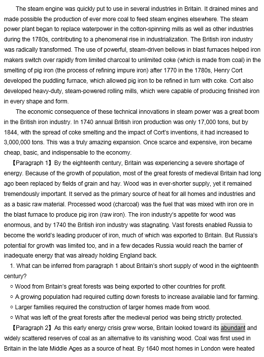 TPO34托福阅读真题练习：The Development of Steam Power