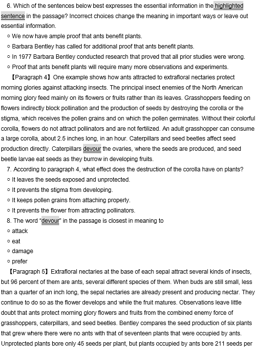 TPO34托福阅读真题练习：Protection of Plants by Insects