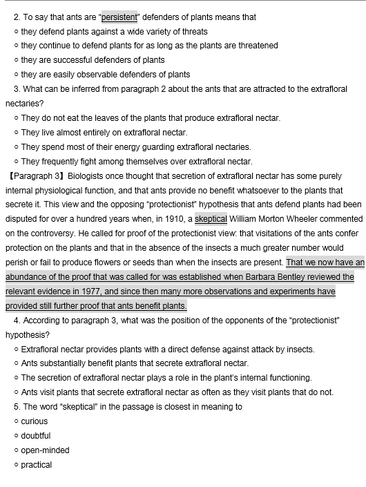 TPO34托福阅读真题练习：Protection of Plants by Insects