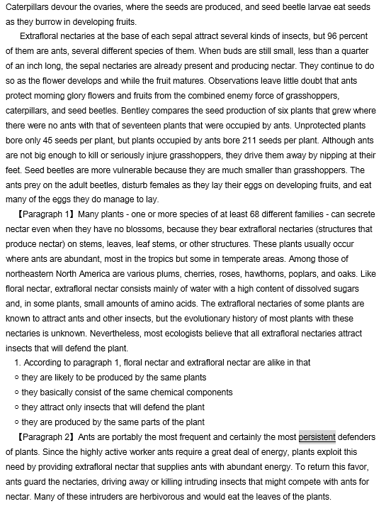 TPO34托福阅读真题练习：Protection of Plants by Insects