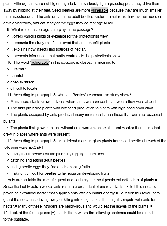 TPO34托福阅读真题练习：Protection of Plants by Insects
