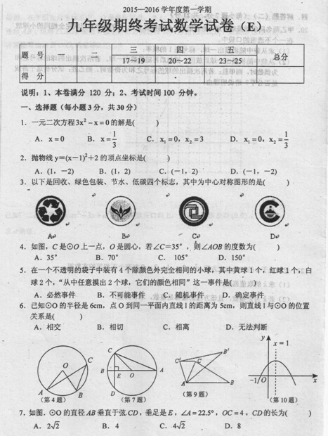 2015-2016广东初三上册数学期末考试卷及答案