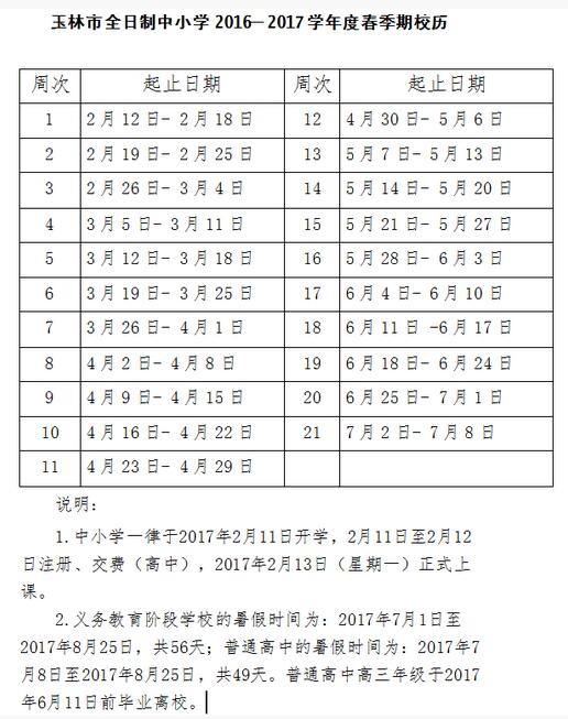 20162017学年广西玉林高中寒假放假及开学时间安排