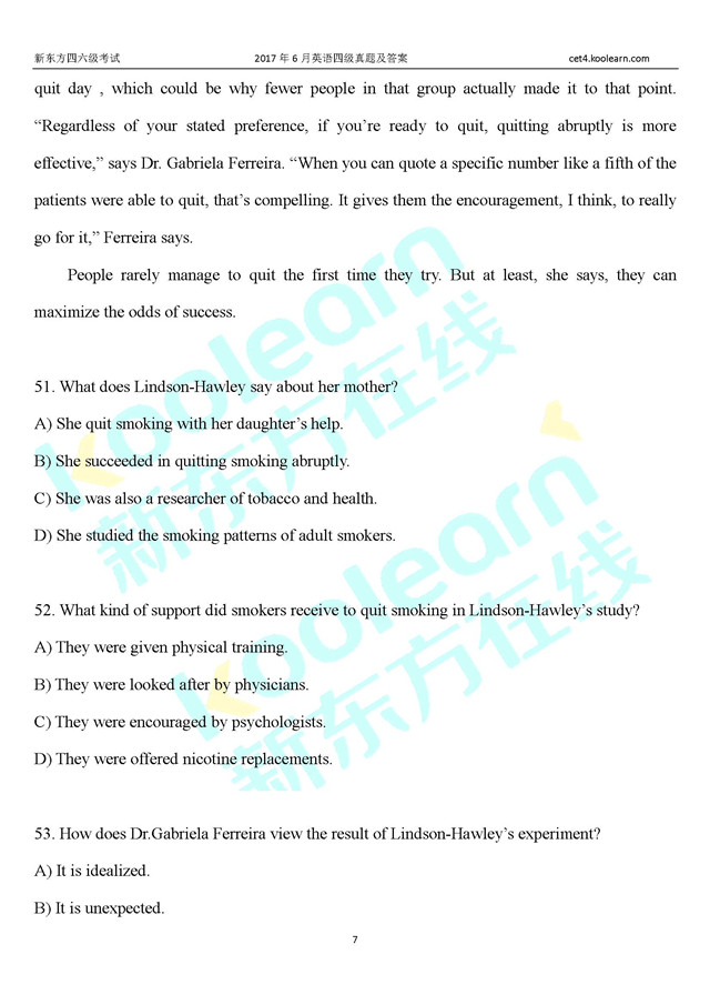 首发：2017年6月英语四级阅读真题下载(高清图片版)