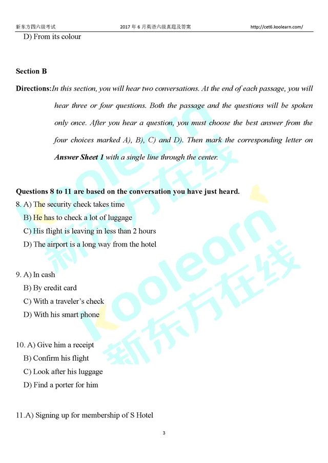 2017年6月英语四级试卷及答案卷一