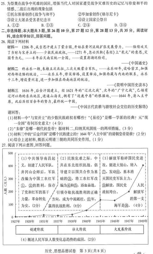 江苏南京2017中考历史试题及答案