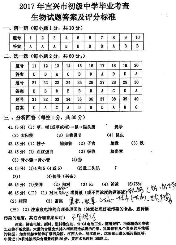 江苏无锡宜兴2017中考生物试题及答案