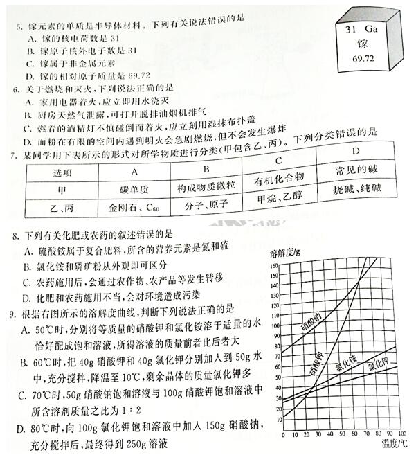 江苏无锡2017中考化学试题及答案