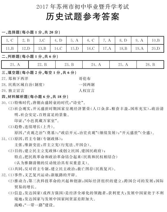 江苏苏州2017中考历史试题及答案