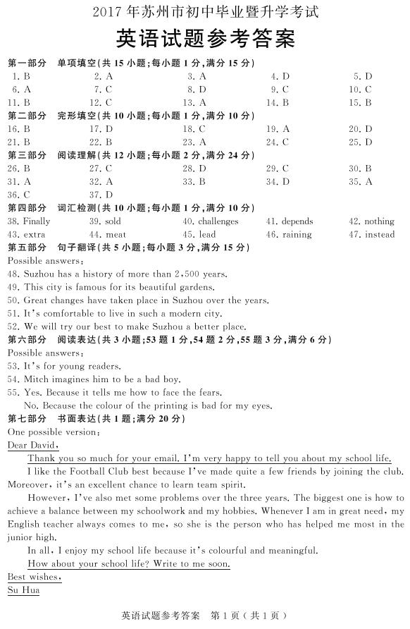 江苏苏州2017中考英语试题及答案