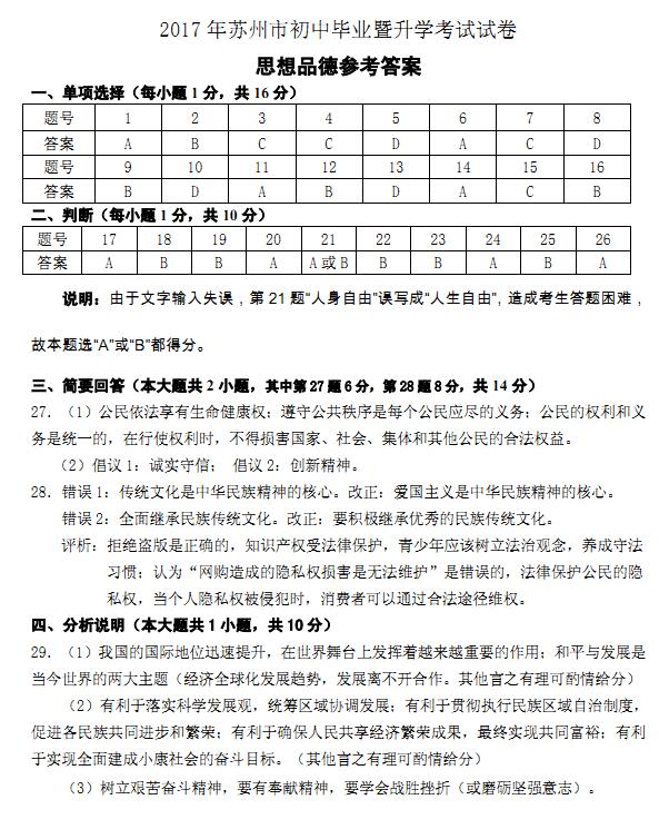 江苏苏州2017中考政治试题及答案