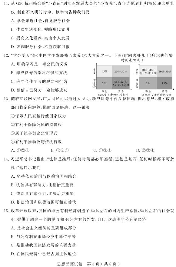 江苏苏州2017中考政治试题及答案