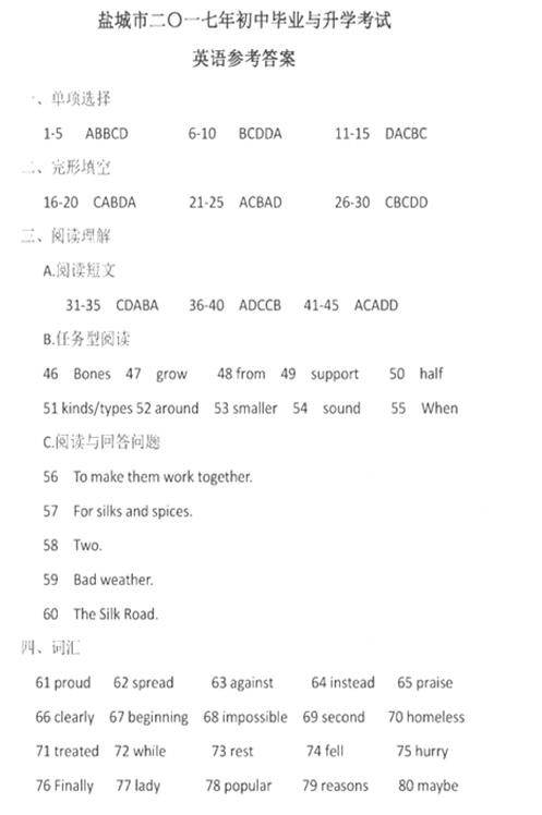 江苏盐城2017中考英语试题及答案