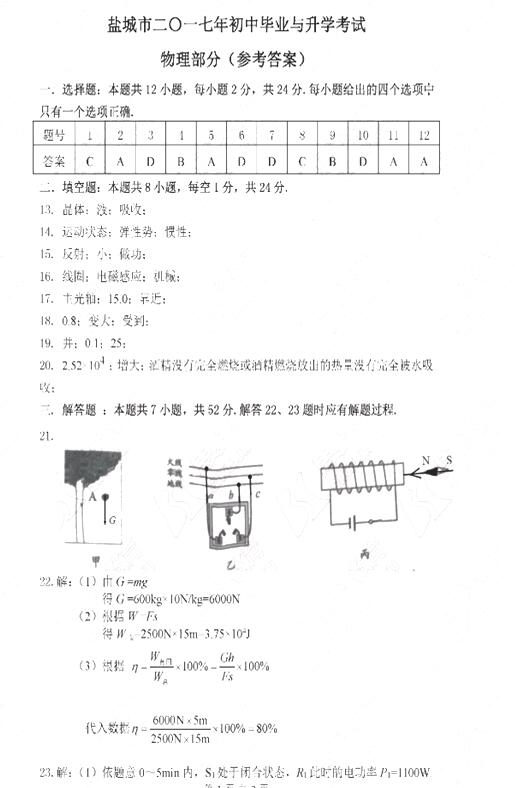 江苏盐城2017中考物理试题及答案