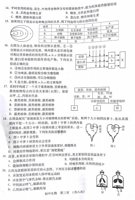 江苏苏州2017中考生物试题及答案