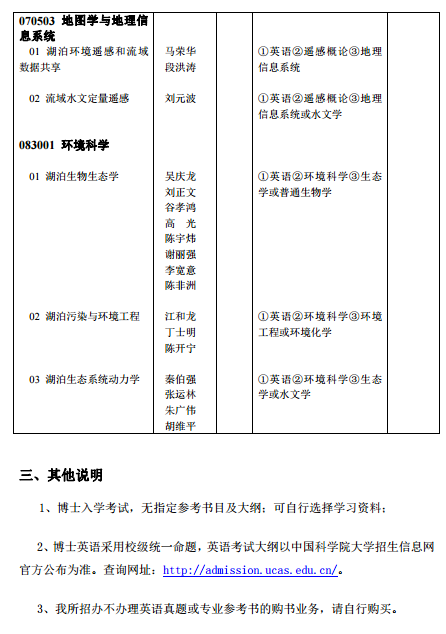 中科院南京地理与湖泊研究所2018博士研究生招生专业目录