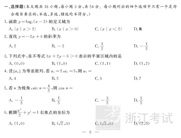 2019年4月浙江高考学考选考数学试题及答案