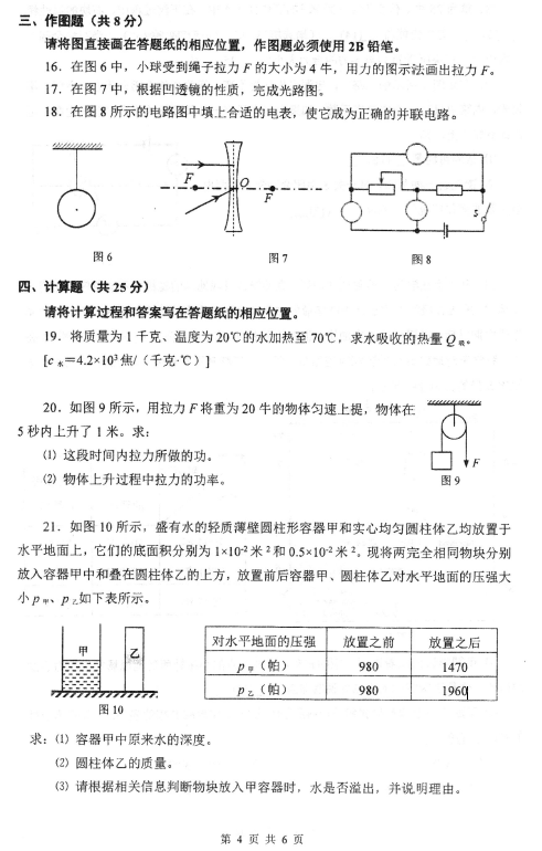 2019上海闵行区中考二模物理试卷及答案