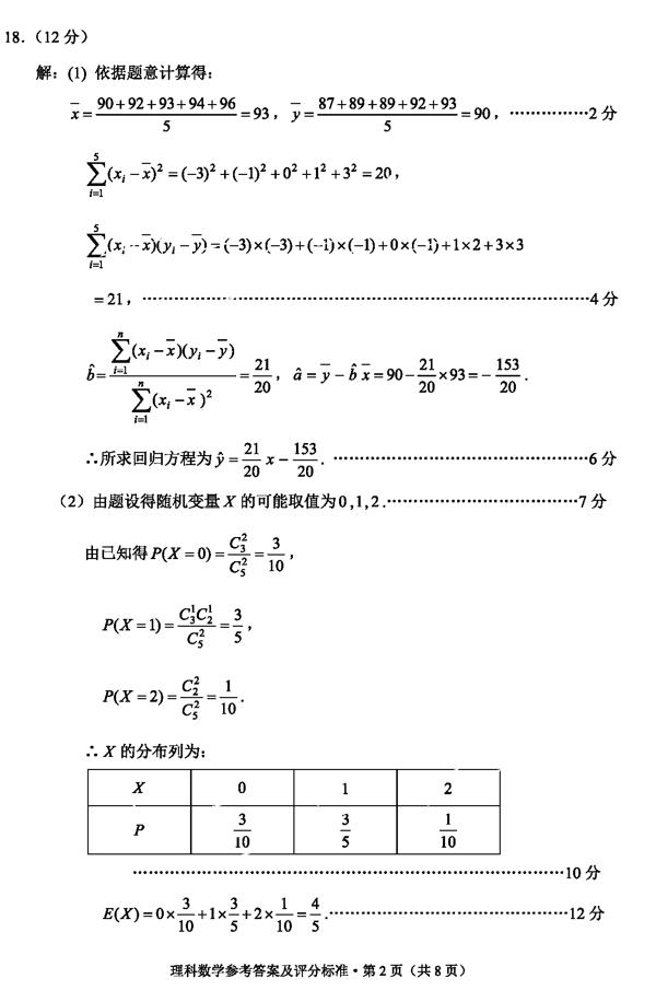 2019云南第二次高三统测理科数学试题及答案