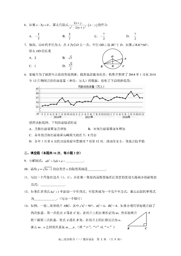 2019北京门头沟区中考一模数学试卷及答案