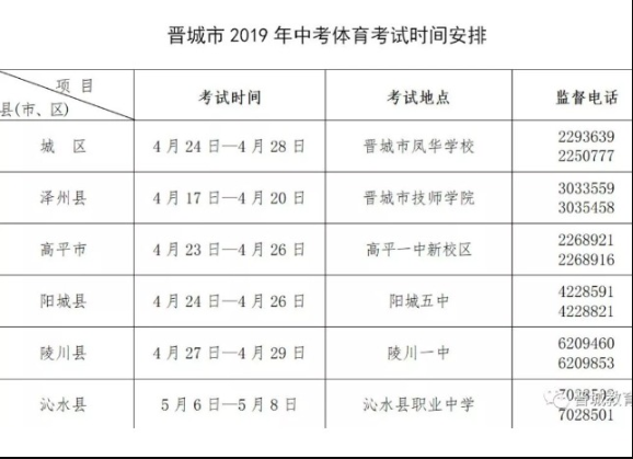 山西晋城2019中考体育考试时间安排