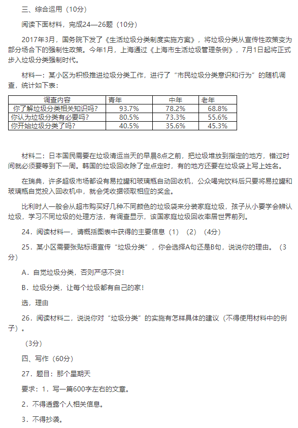 2019上海青浦区中考二模语文试题及答案