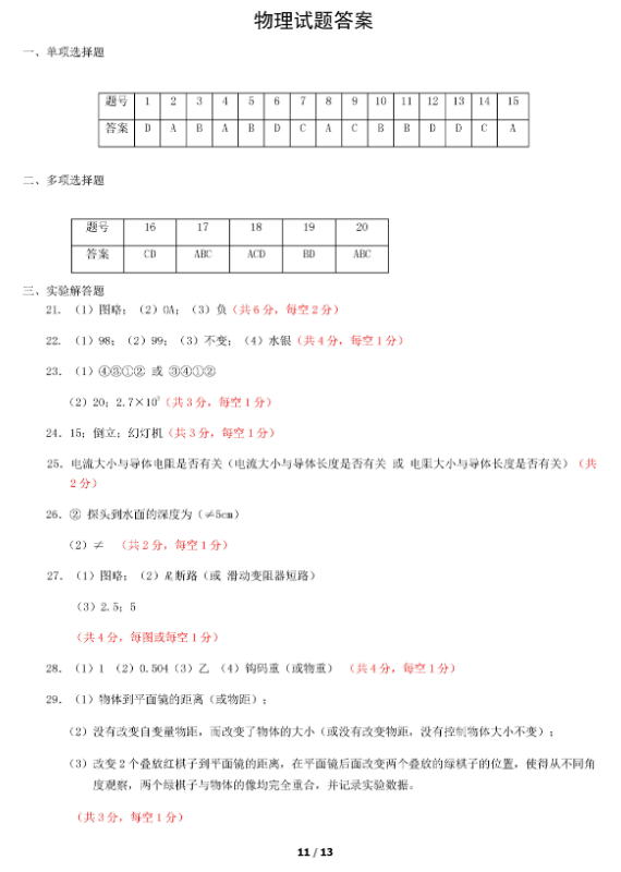 2019北京房山区中考一模物理试题及答案