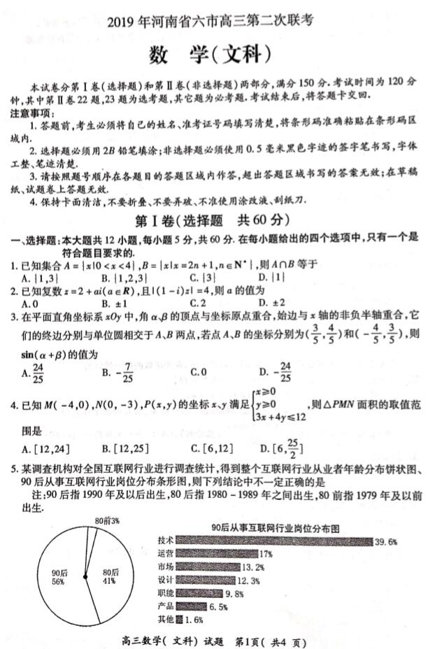 2019河南省六市高三第二次联考文科数学试题及答案
